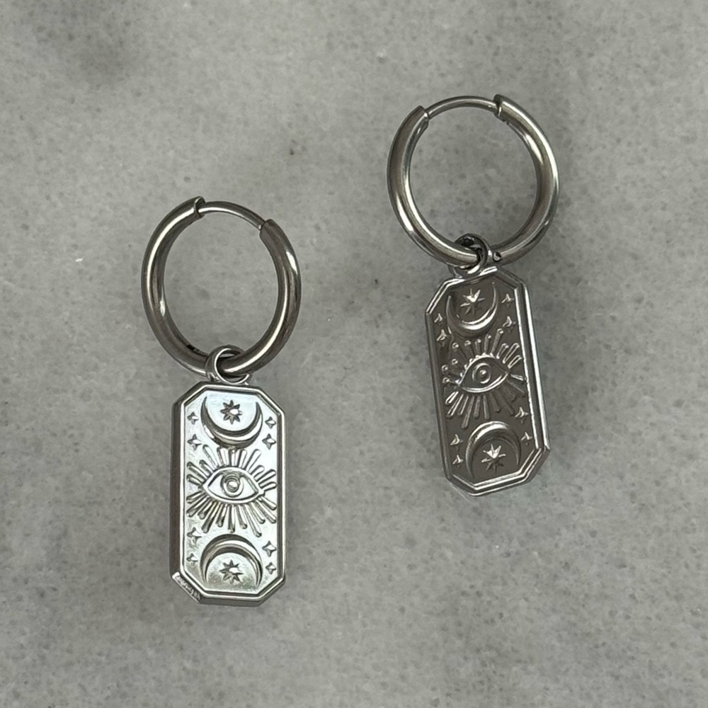 Silver Evil Eye Moon Pendant Charm Hoop Earrings 

Brand New

Stainless Steel